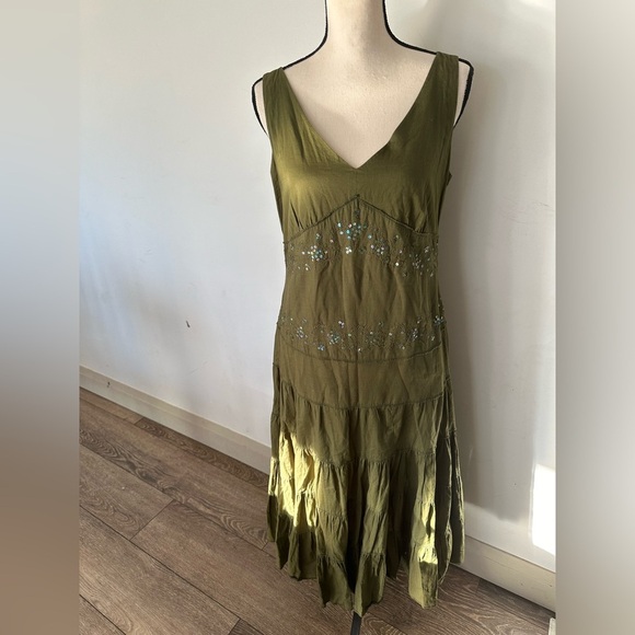Jessica olive green maxi dress with flare, sparkly sequins SZ 14 cotton boho - Picture 1 of 6